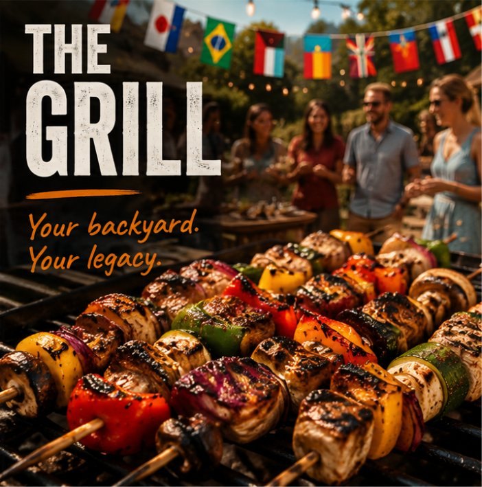 The Grill — grilled kebabs with international flags and friends